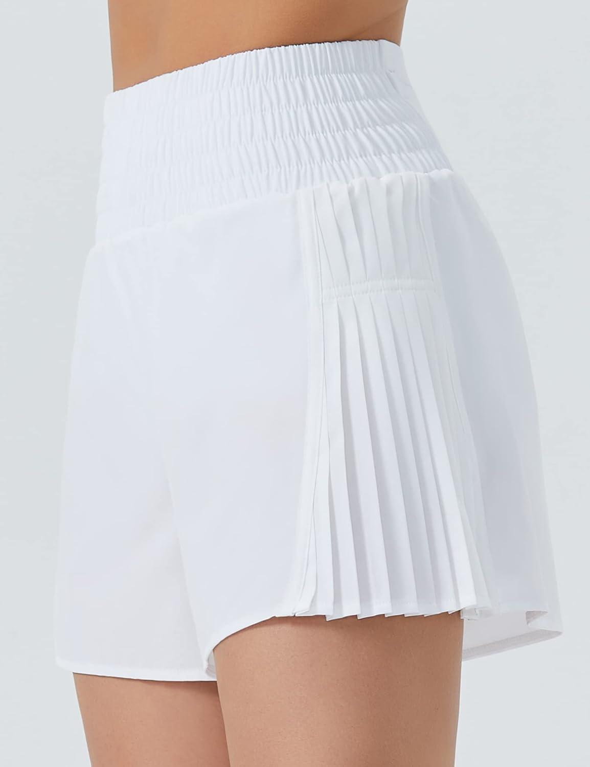 imageTHE GYM PEOPLE Womens High Waist Workout Shorts Side Pleated Athletic Running Shorts with Mesh Liner Zip PocketWhite