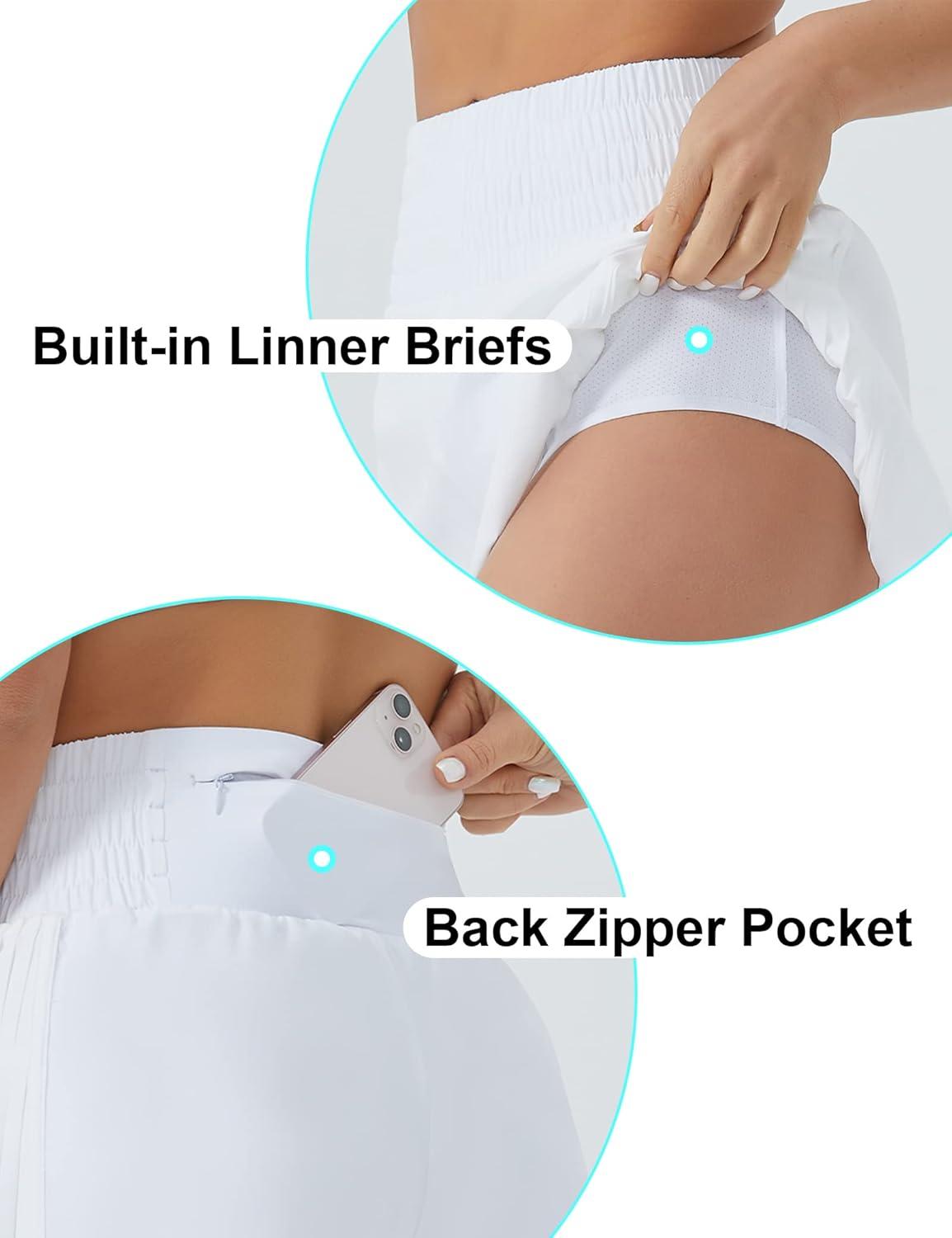 imageTHE GYM PEOPLE Womens High Waist Workout Shorts Side Pleated Athletic Running Shorts with Mesh Liner Zip PocketWhite