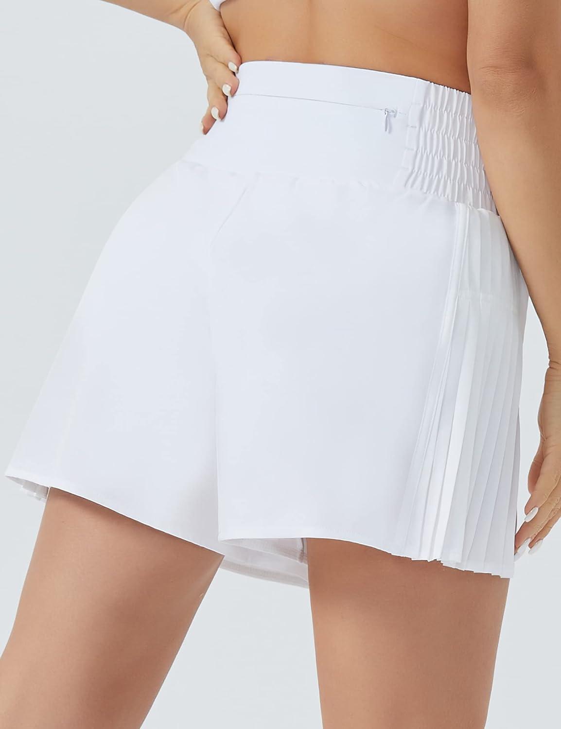 imageTHE GYM PEOPLE Womens High Waist Workout Shorts Side Pleated Athletic Running Shorts with Mesh Liner Zip PocketWhite