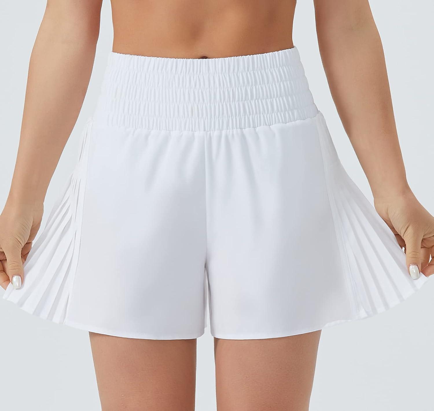 imageTHE GYM PEOPLE Womens High Waist Workout Shorts Side Pleated Athletic Running Shorts with Mesh Liner Zip PocketWhite