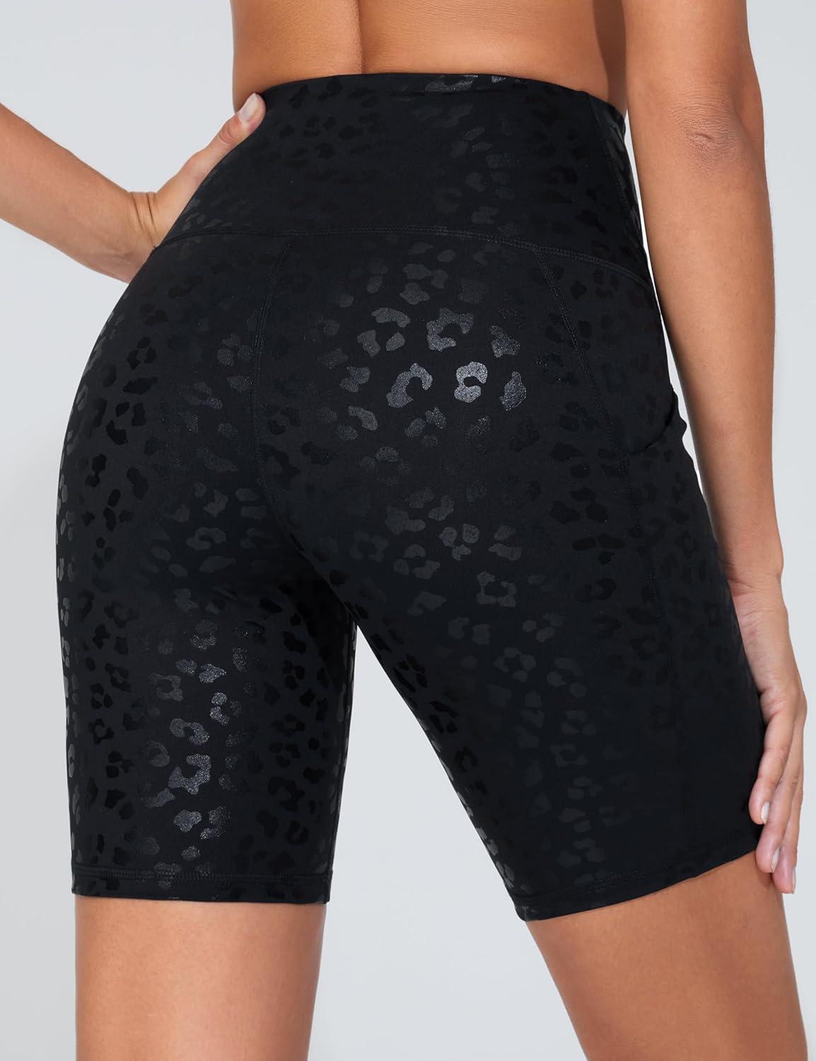 imageTHE GYM PEOPLE Womens High Waist Workout Shorts Stretchy Tummy Control Yoga Biker Running Shorts with PocketsBlack Leopard