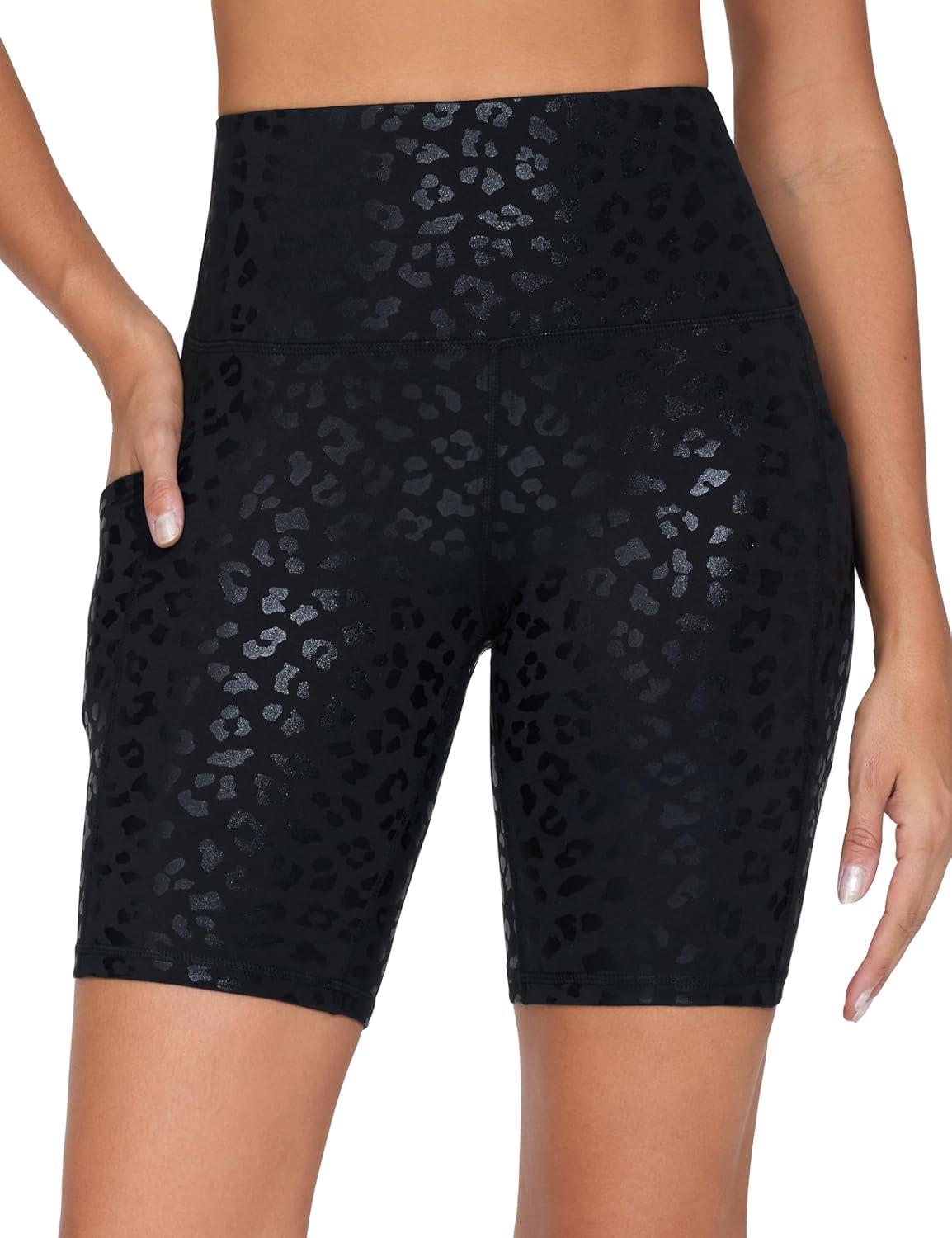 imageTHE GYM PEOPLE Womens High Waist Workout Shorts Stretchy Tummy Control Yoga Biker Running Shorts with PocketsBlack Leopard