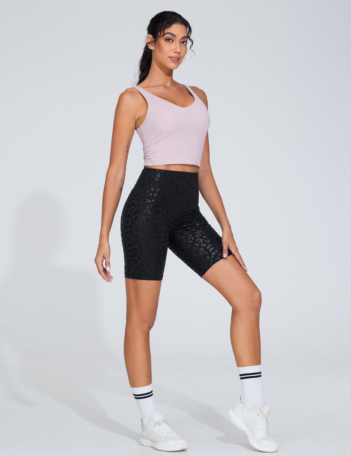 imageTHE GYM PEOPLE Womens High Waist Workout Shorts Stretchy Tummy Control Yoga Biker Running Shorts with PocketsBlack Leopard