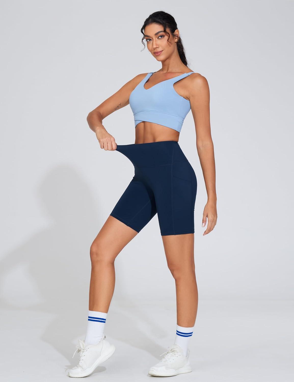 imageTHE GYM PEOPLE Womens High Waist Workout Shorts Stretchy Tummy Control Yoga Biker Running Shorts with PocketsBlue