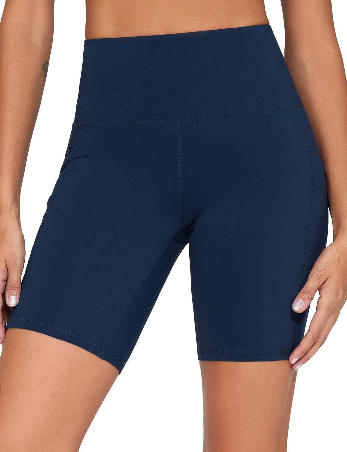 imageTHE GYM PEOPLE Womens High Waist Workout Shorts Stretchy Tummy Control Yoga Biker Running Shorts with PocketsBlue