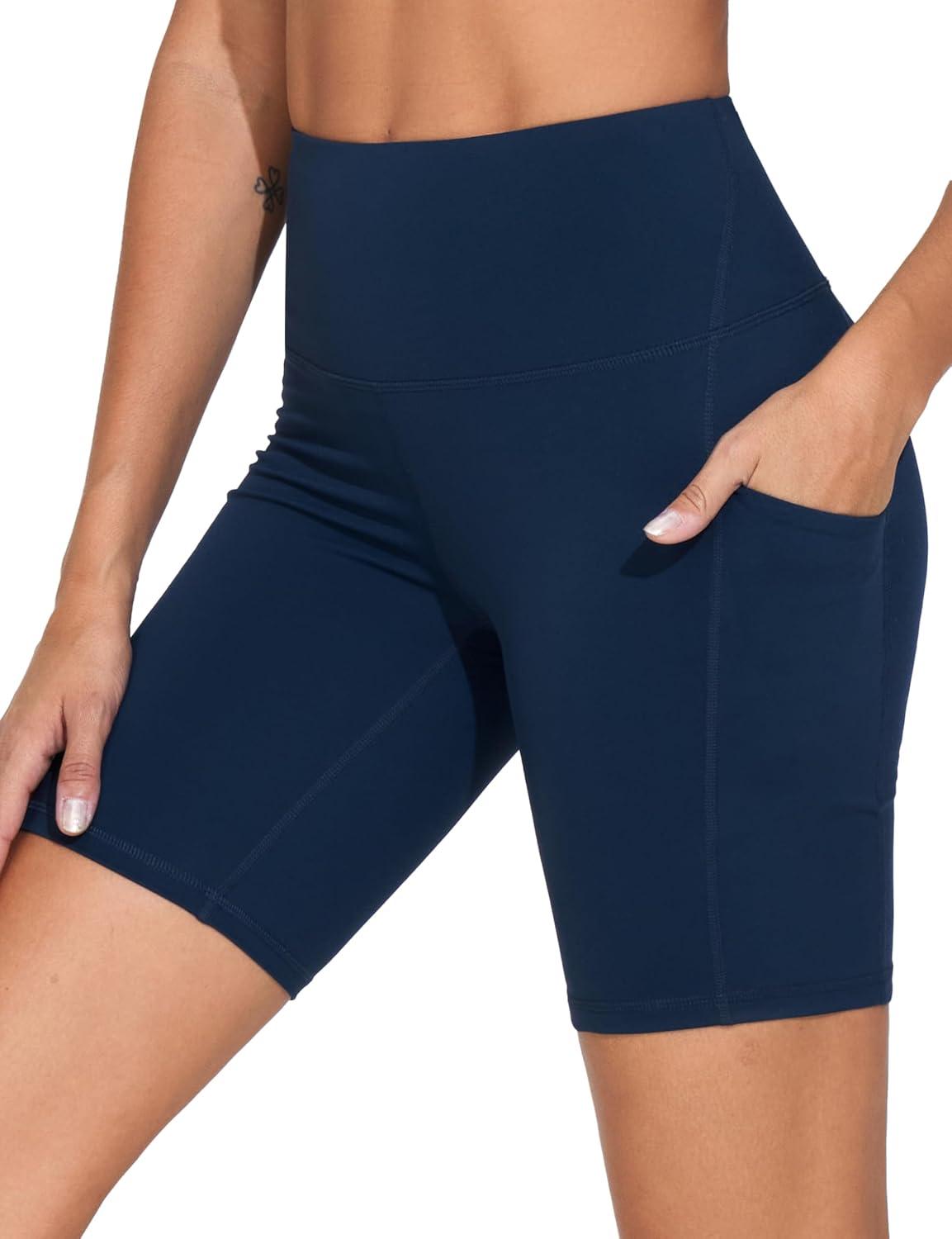 imageTHE GYM PEOPLE Womens High Waist Workout Shorts Stretchy Tummy Control Yoga Biker Running Shorts with PocketsBlue