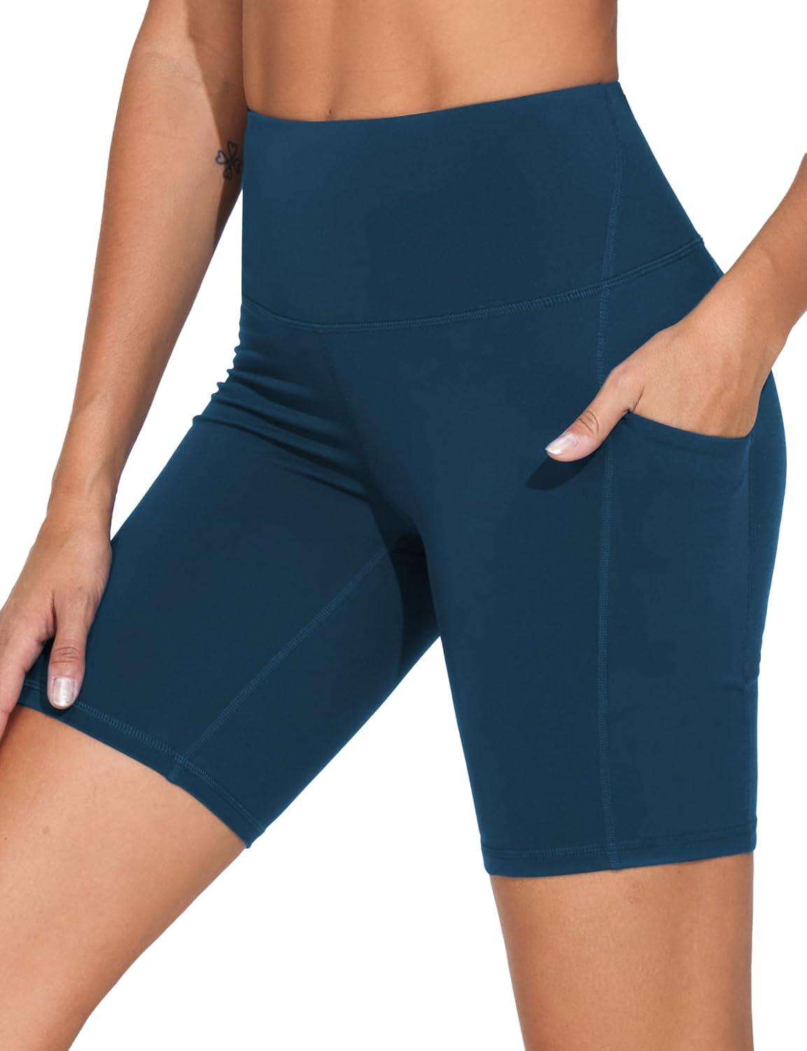 imageTHE GYM PEOPLE Womens High Waist Workout Shorts Stretchy Tummy Control Yoga Biker Running Shorts with PocketsDark Blue Green