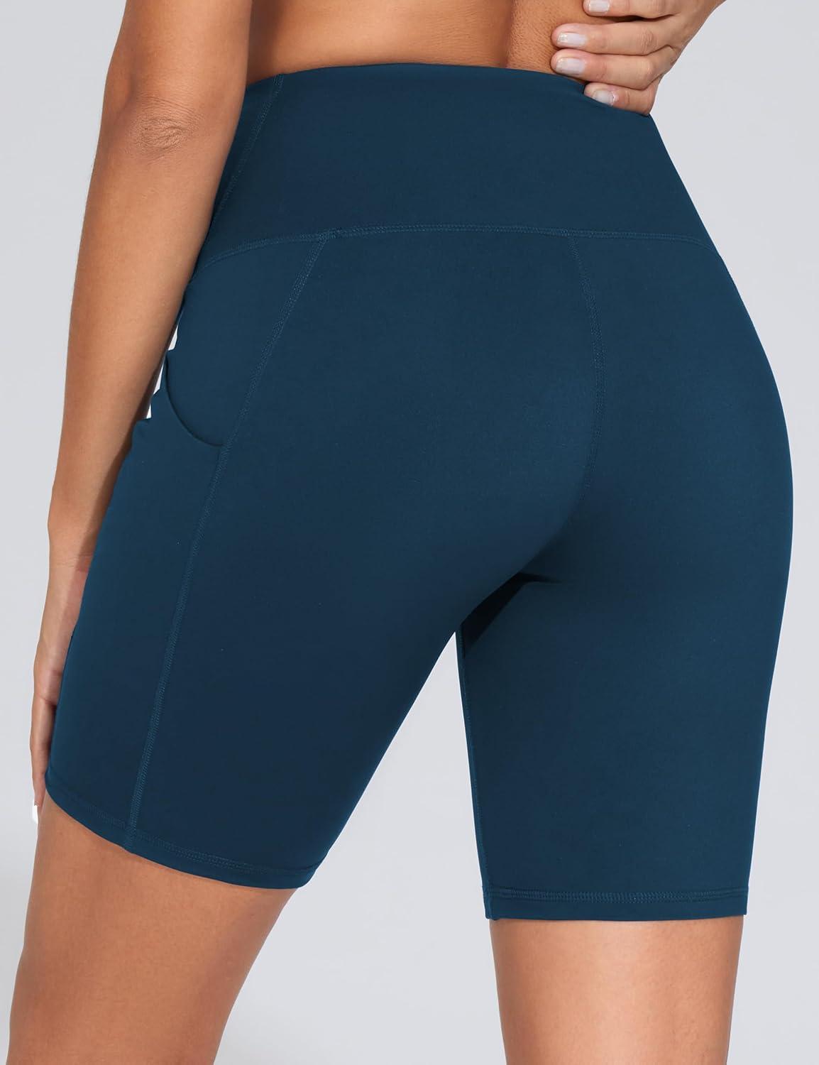 imageTHE GYM PEOPLE Womens High Waist Workout Shorts Stretchy Tummy Control Yoga Biker Running Shorts with PocketsDark Blue Green