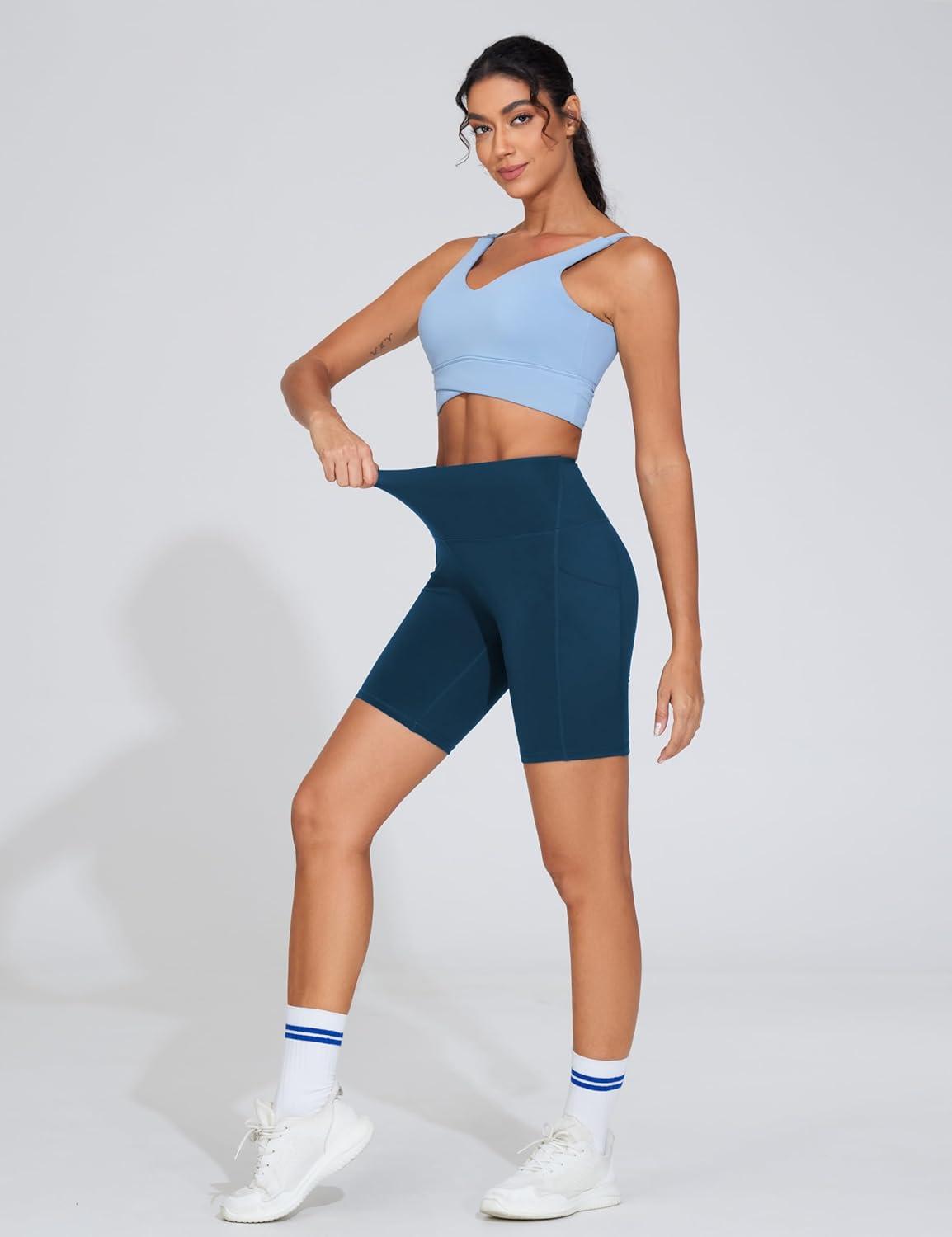 imageTHE GYM PEOPLE Womens High Waist Workout Shorts Stretchy Tummy Control Yoga Biker Running Shorts with PocketsDark Blue Green