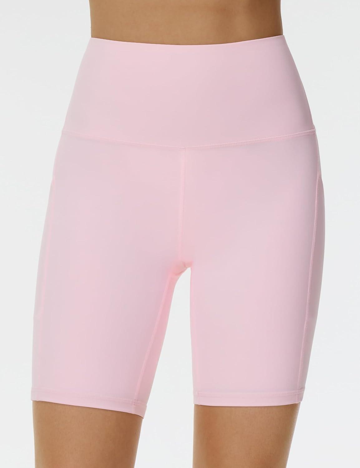 imageTHE GYM PEOPLE Womens High Waist Workout Shorts Stretchy Tummy Control Yoga Biker Running Shorts with PocketsLight Pink