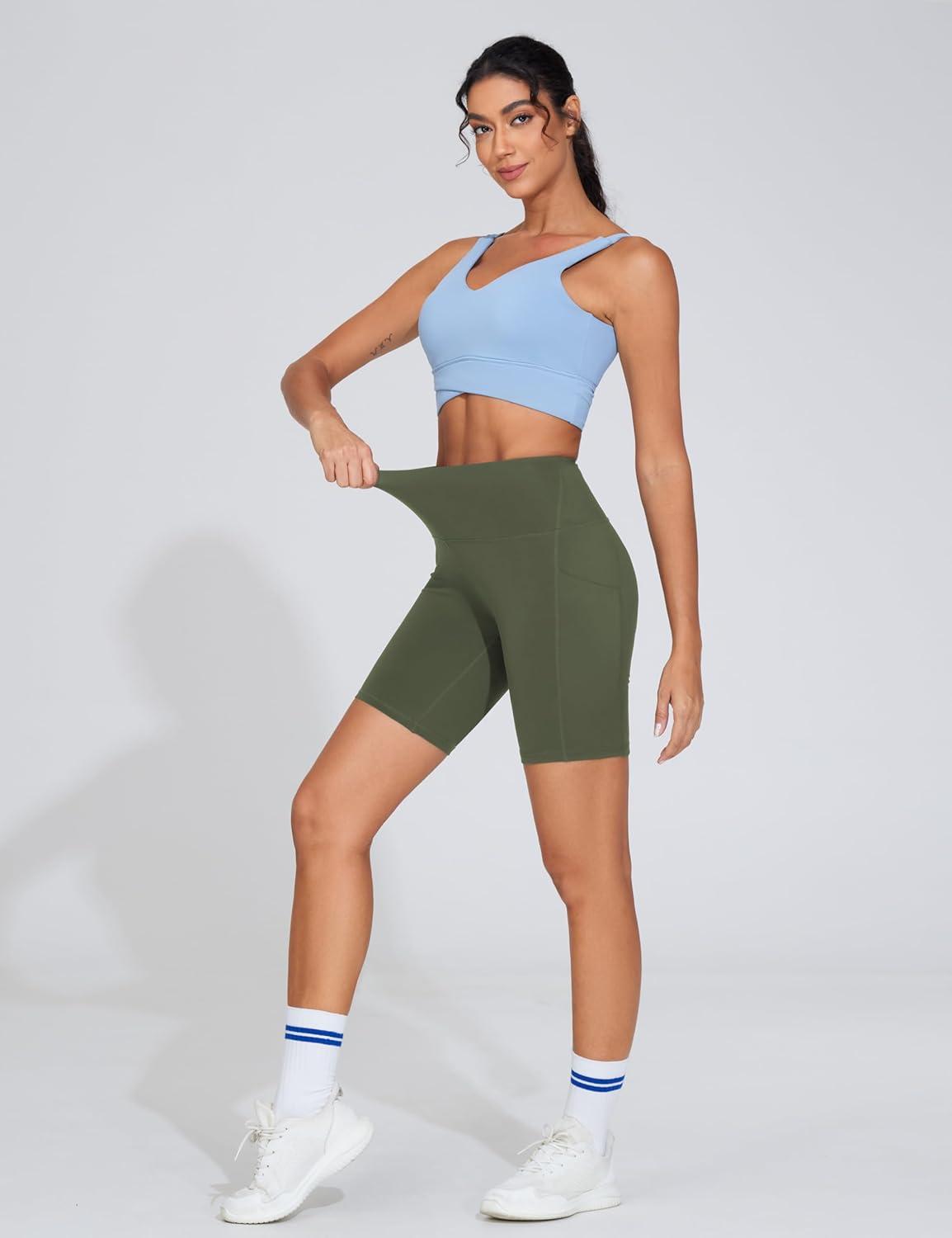 imageTHE GYM PEOPLE Womens High Waist Workout Shorts Stretchy Tummy Control Yoga Biker Running Shorts with PocketsOlive Green