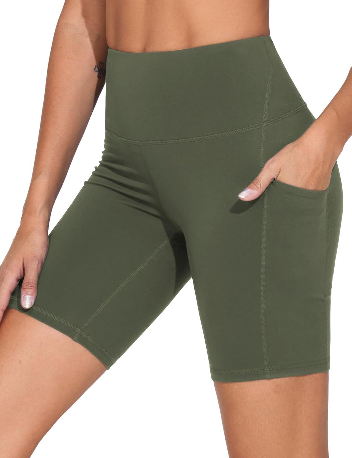 imageTHE GYM PEOPLE Womens High Waist Workout Shorts Stretchy Tummy Control Yoga Biker Running Shorts with PocketsOlive Green