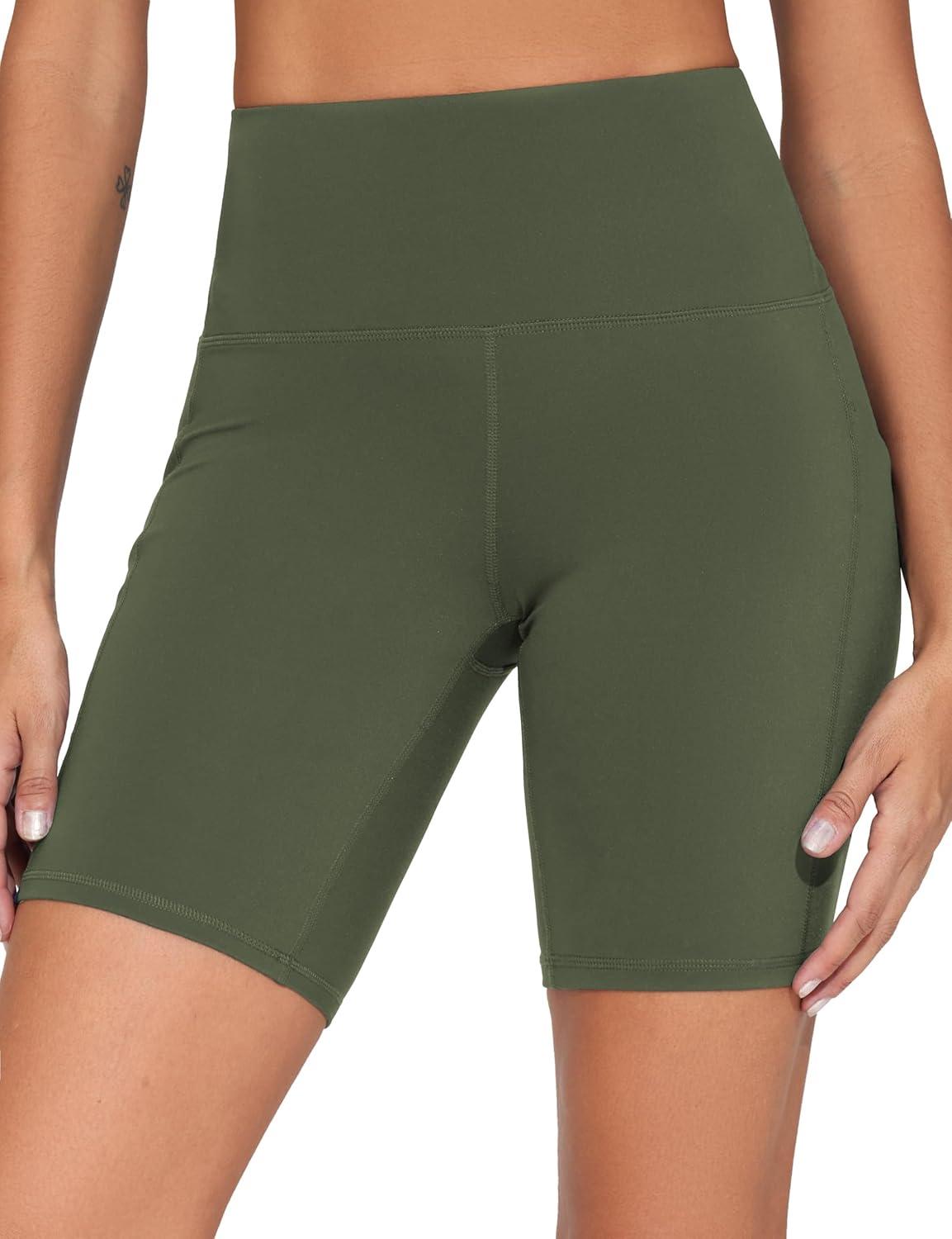 imageTHE GYM PEOPLE Womens High Waist Workout Shorts Stretchy Tummy Control Yoga Biker Running Shorts with PocketsOlive Green