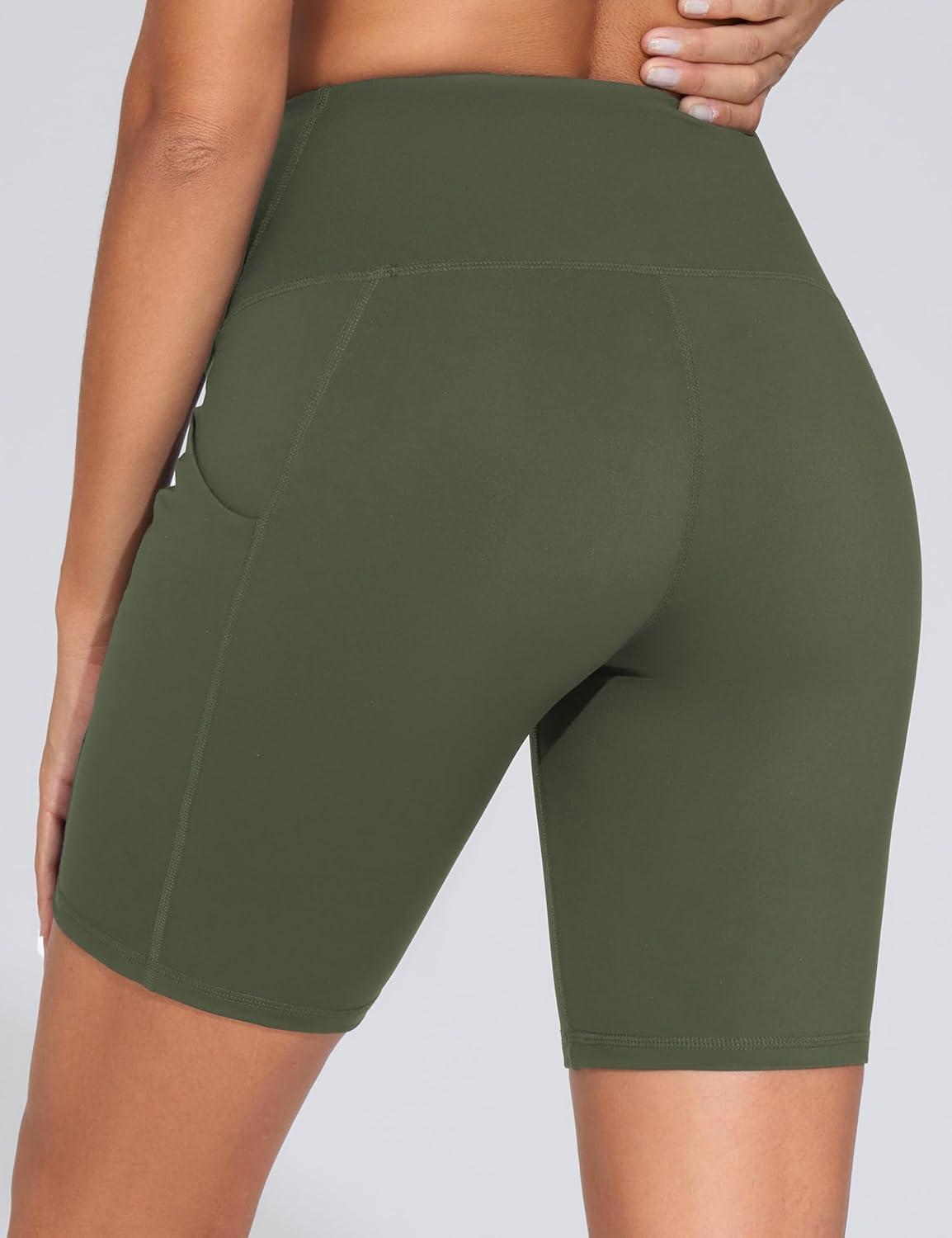 imageTHE GYM PEOPLE Womens High Waist Workout Shorts Stretchy Tummy Control Yoga Biker Running Shorts with PocketsOlive Green
