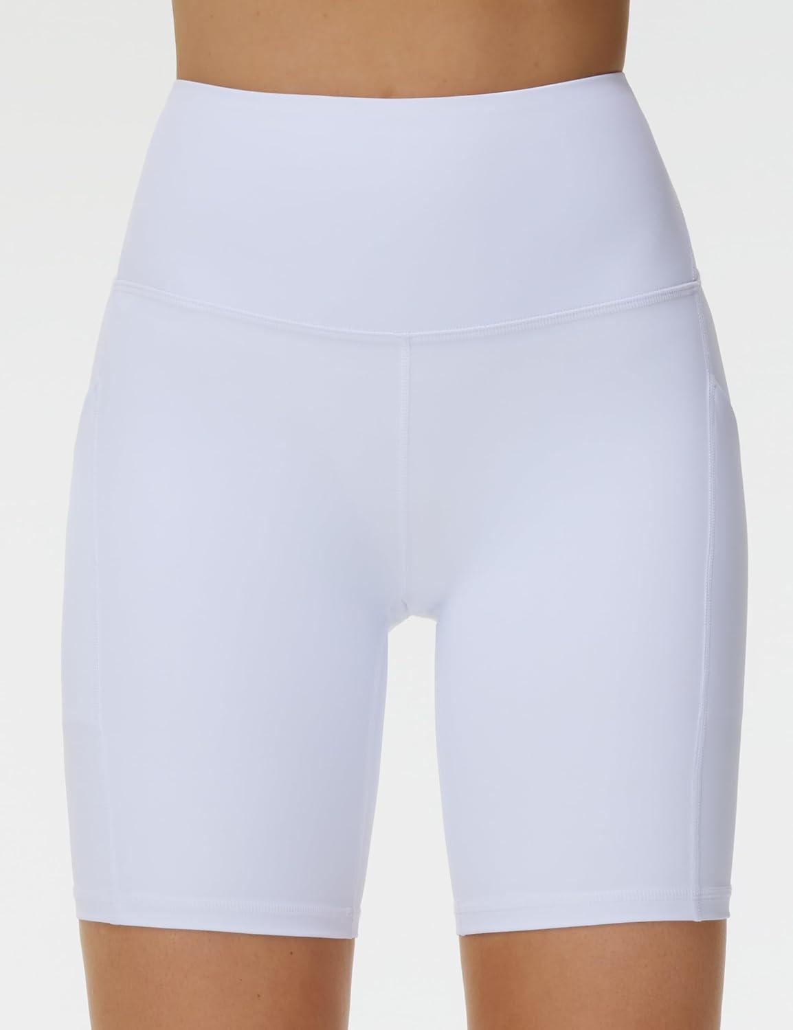 imageTHE GYM PEOPLE Womens High Waist Workout Shorts Stretchy Tummy Control Yoga Biker Running Shorts with PocketsWhite