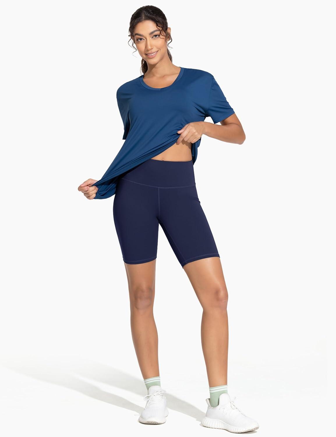 imageTHE GYM PEOPLE Womens High Waist Workout Yoga Shorts Tummy Control Stretchy Biker Running Athletic ShortsBlue