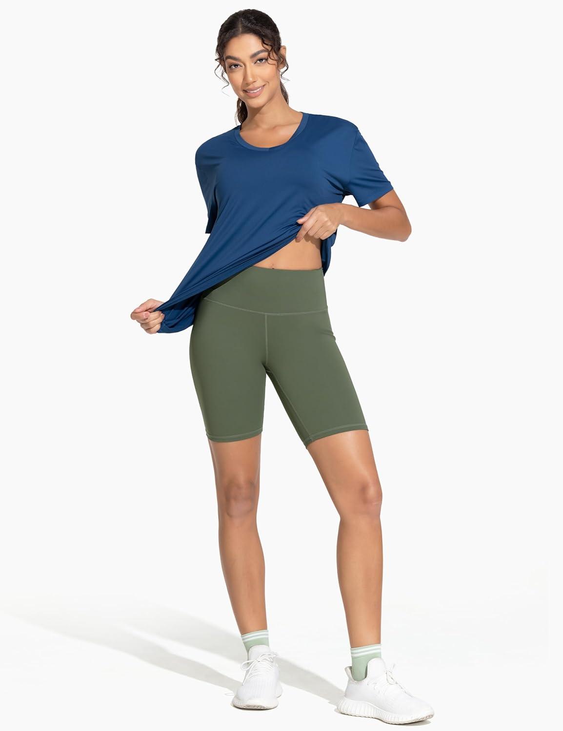 imageTHE GYM PEOPLE Womens High Waist Workout Yoga Shorts Tummy Control Stretchy Biker Running Athletic ShortsOlive Green