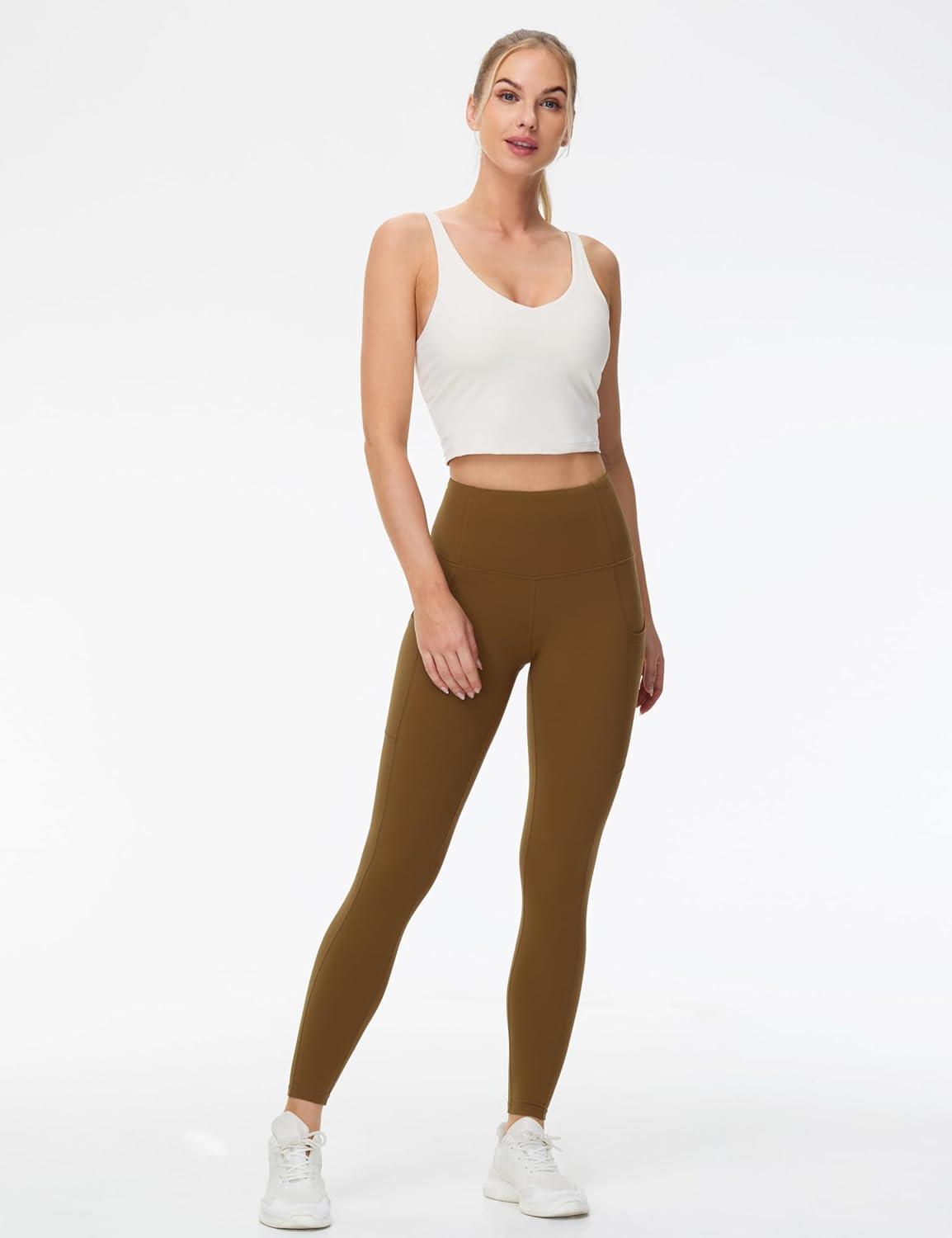 imageTHE GYM PEOPLE Womens High Waist Yoga Pants Soft Tummy Control Athletic Workout Leggings with Deep PocketsBrown