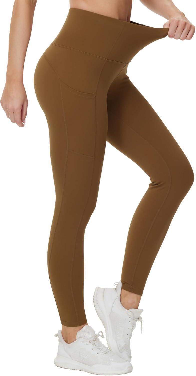 imageTHE GYM PEOPLE Womens High Waist Yoga Pants Soft Tummy Control Athletic Workout Leggings with Deep PocketsBrown