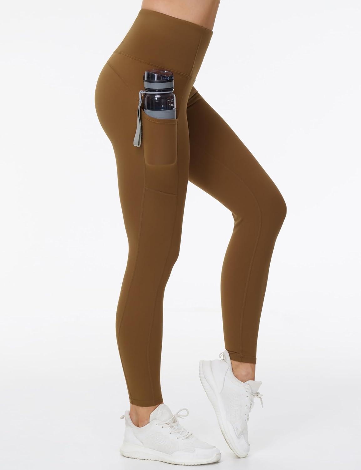 imageTHE GYM PEOPLE Womens High Waist Yoga Pants Soft Tummy Control Athletic Workout Leggings with Deep PocketsBrown