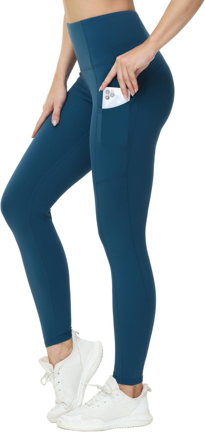 imageTHE GYM PEOPLE Womens High Waist Yoga Pants Soft Tummy Control Athletic Workout Leggings with Deep PocketsDark Blue Green