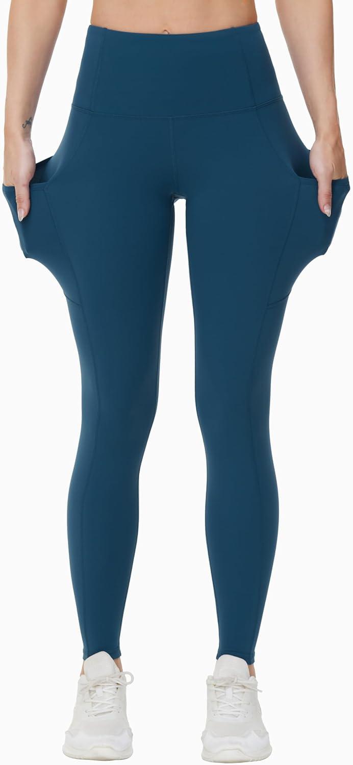 imageTHE GYM PEOPLE Womens High Waist Yoga Pants Soft Tummy Control Athletic Workout Leggings with Deep PocketsDark Blue Green