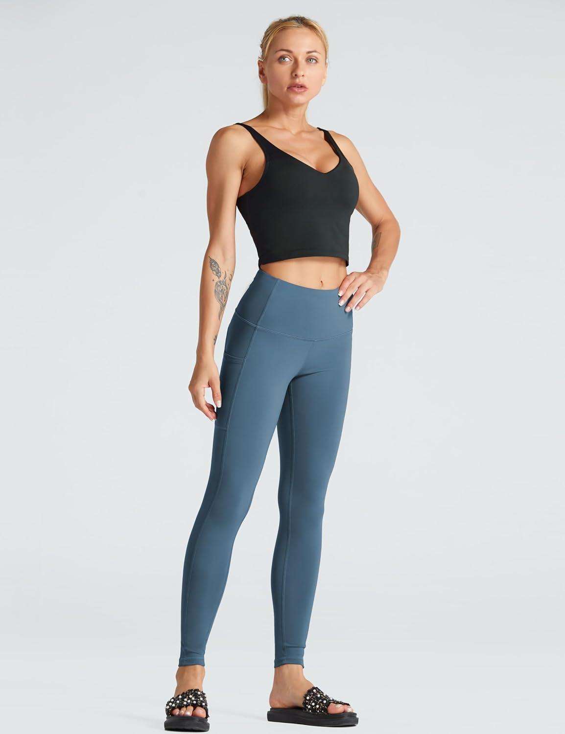 imageTHE GYM PEOPLE Womens High Waist Yoga Pants Soft Tummy Control Athletic Workout Leggings with Deep PocketsGrey Blue
