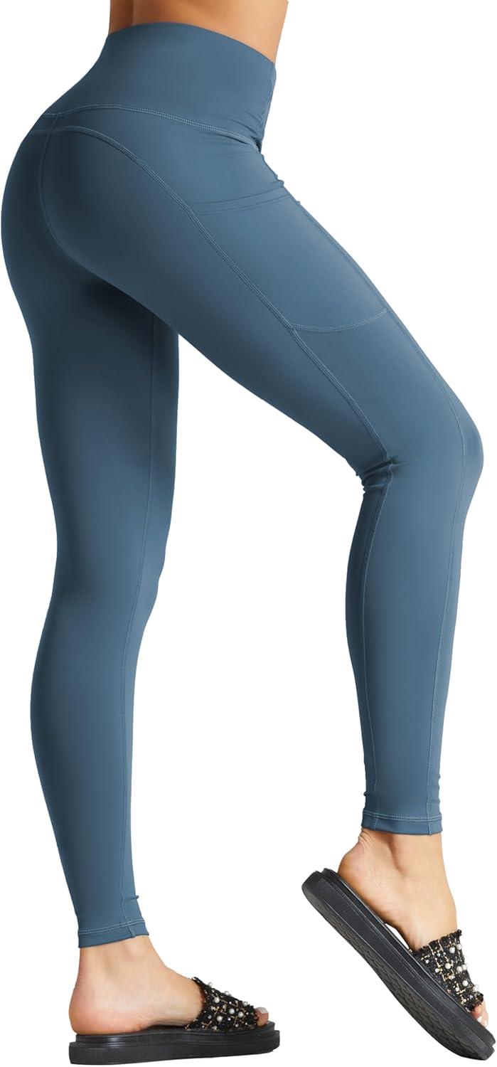imageTHE GYM PEOPLE Womens High Waist Yoga Pants Soft Tummy Control Athletic Workout Leggings with Deep PocketsGrey Blue