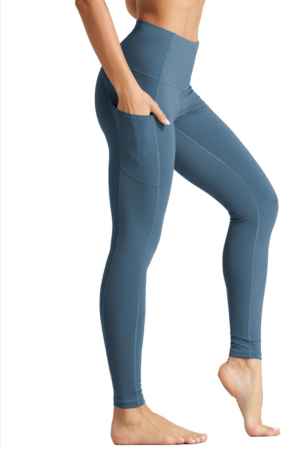imageTHE GYM PEOPLE Womens High Waist Yoga Pants Soft Tummy Control Athletic Workout Leggings with Deep PocketsGrey Blue