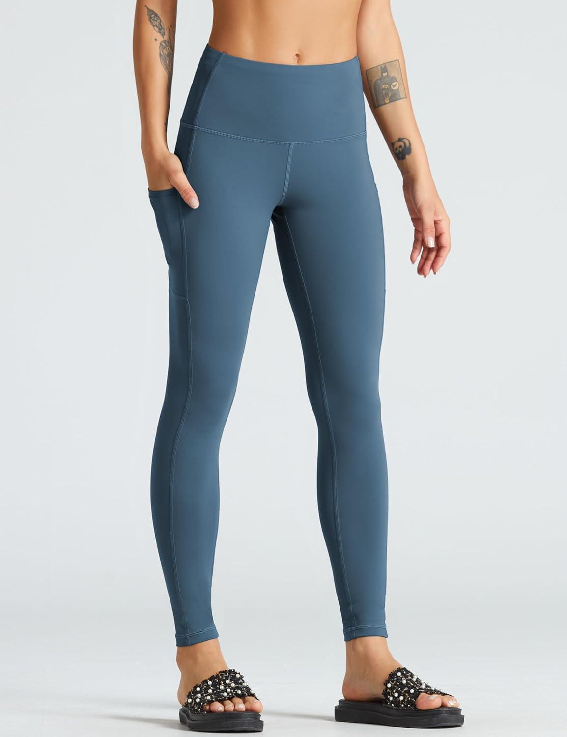 imageTHE GYM PEOPLE Womens High Waist Yoga Pants Soft Tummy Control Athletic Workout Leggings with Deep PocketsGrey Blue
