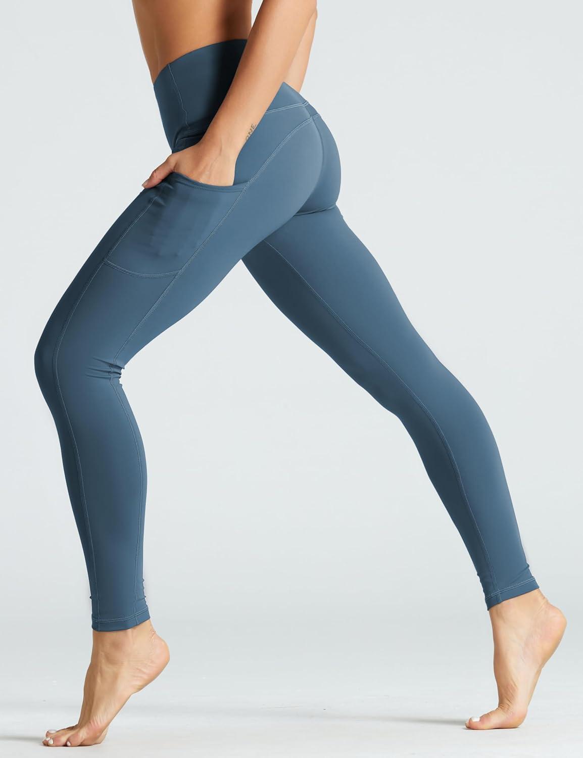 imageTHE GYM PEOPLE Womens High Waist Yoga Pants Soft Tummy Control Athletic Workout Leggings with Deep PocketsGrey Blue