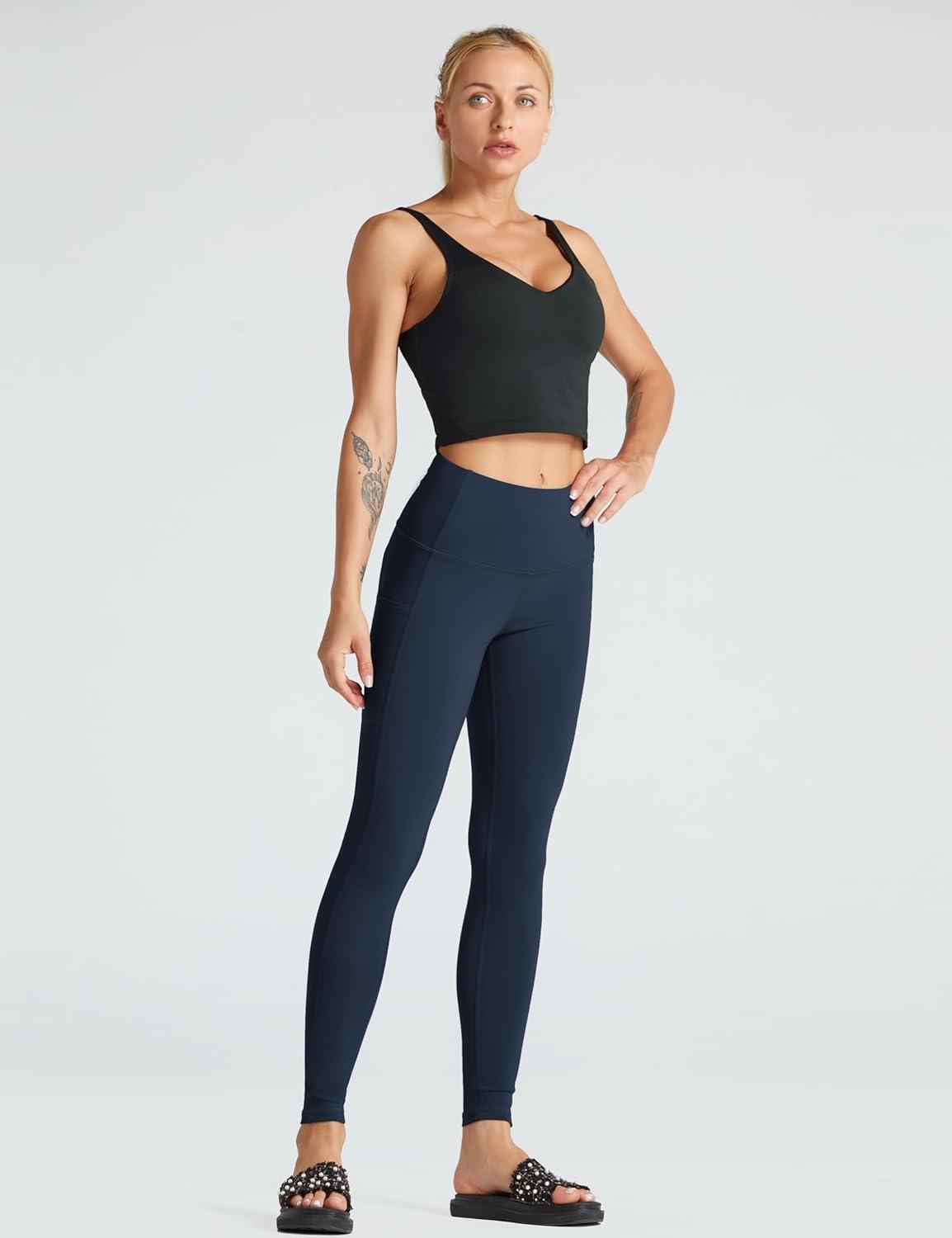 imageTHE GYM PEOPLE Womens High Waist Yoga Pants Soft Tummy Control Athletic Workout Leggings with Deep PocketsNavy Blue