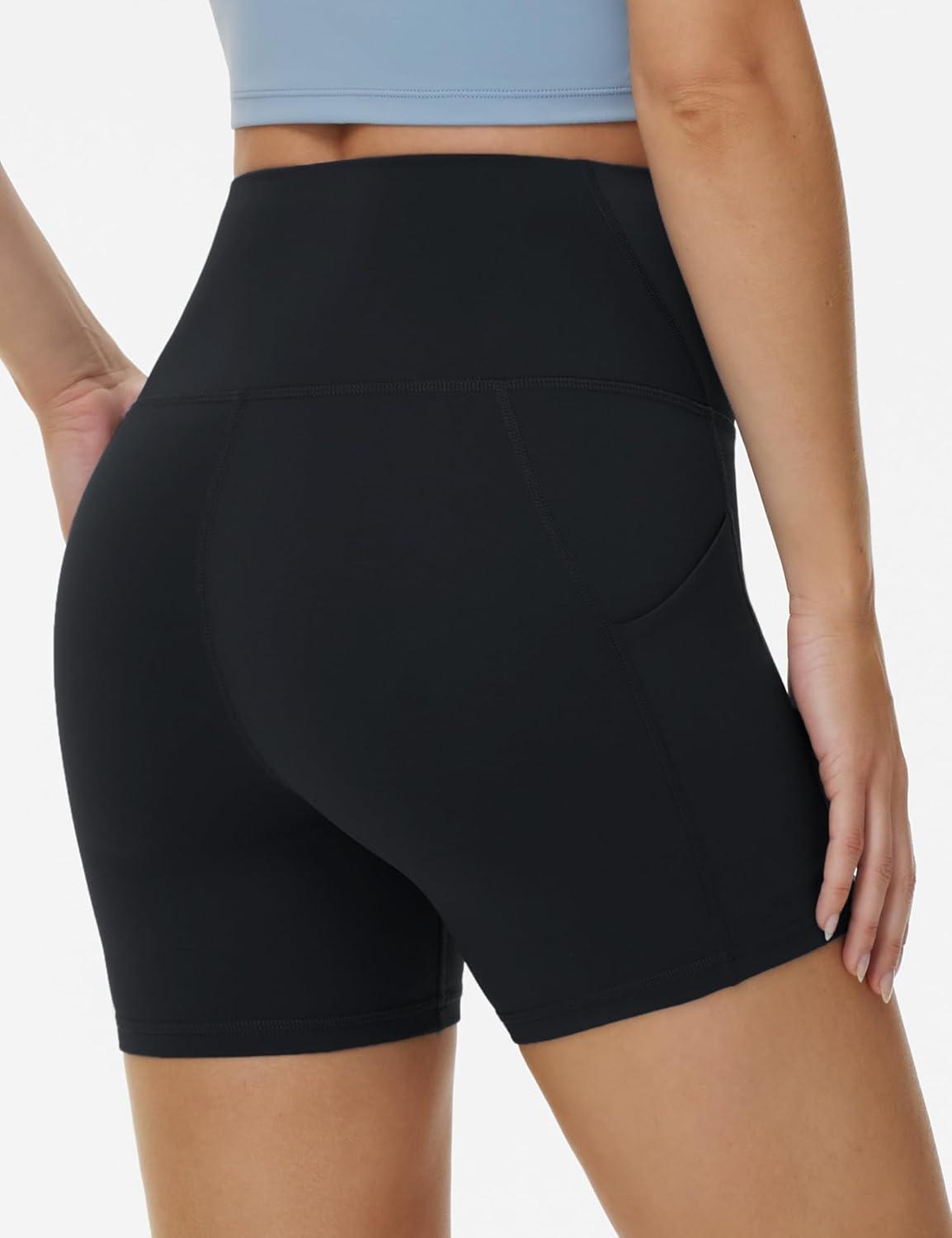 imageTHE GYM PEOPLE Womens High Waist Yoga Shorts 5quot Stretchy Tummy Control Biker Workout Running Short with Side PocketsBlack