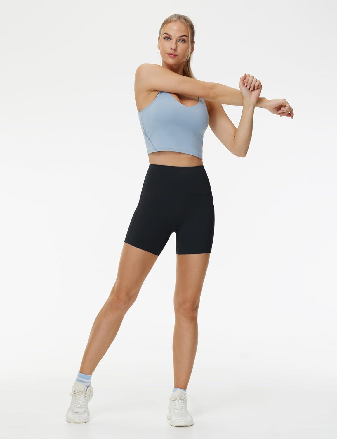 imageTHE GYM PEOPLE Womens High Waist Yoga Shorts 5quot Stretchy Tummy Control Biker Workout Running Short with Side PocketsBlack