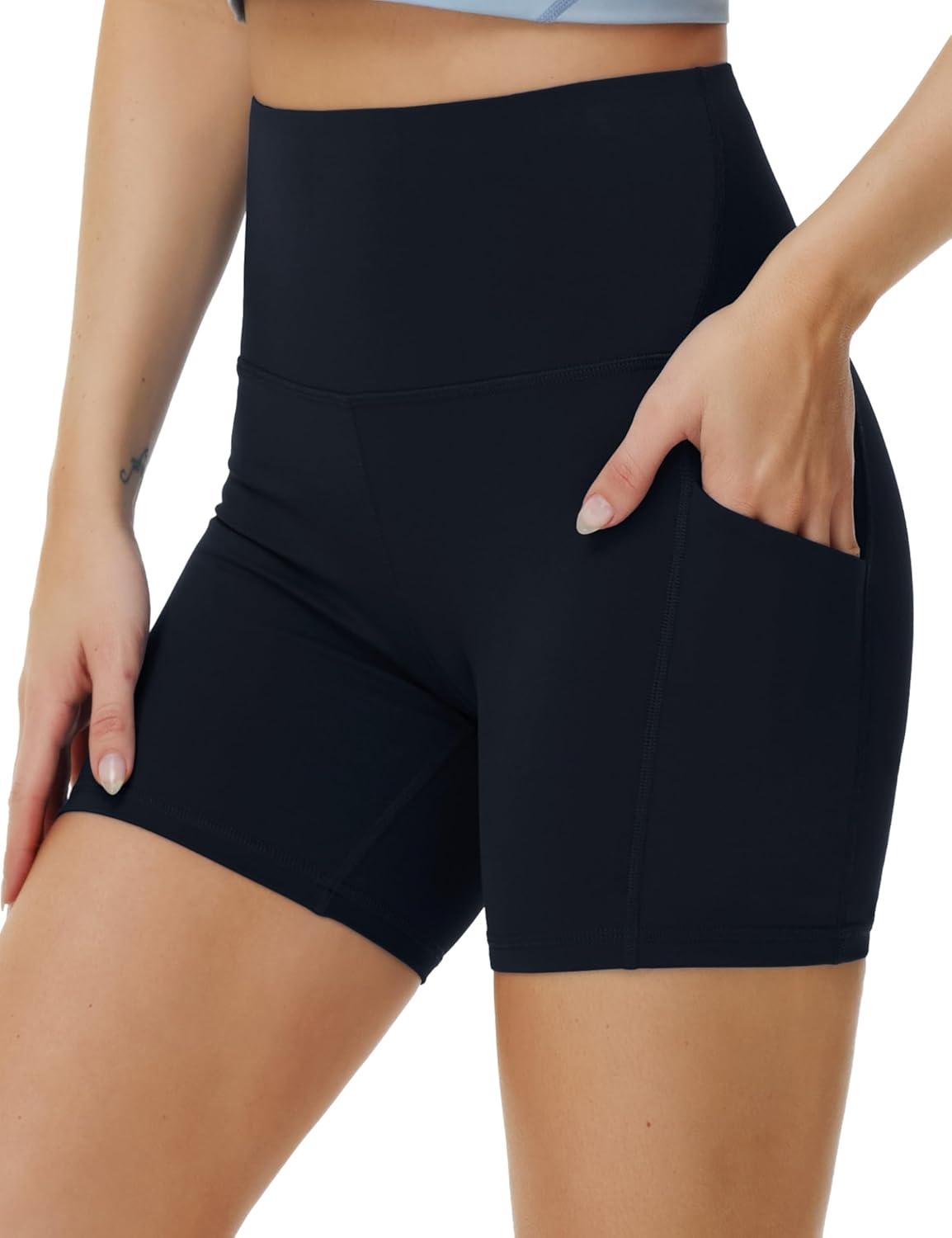 imageTHE GYM PEOPLE Womens High Waist Yoga Shorts 5quot Stretchy Tummy Control Biker Workout Running Short with Side PocketsBlack