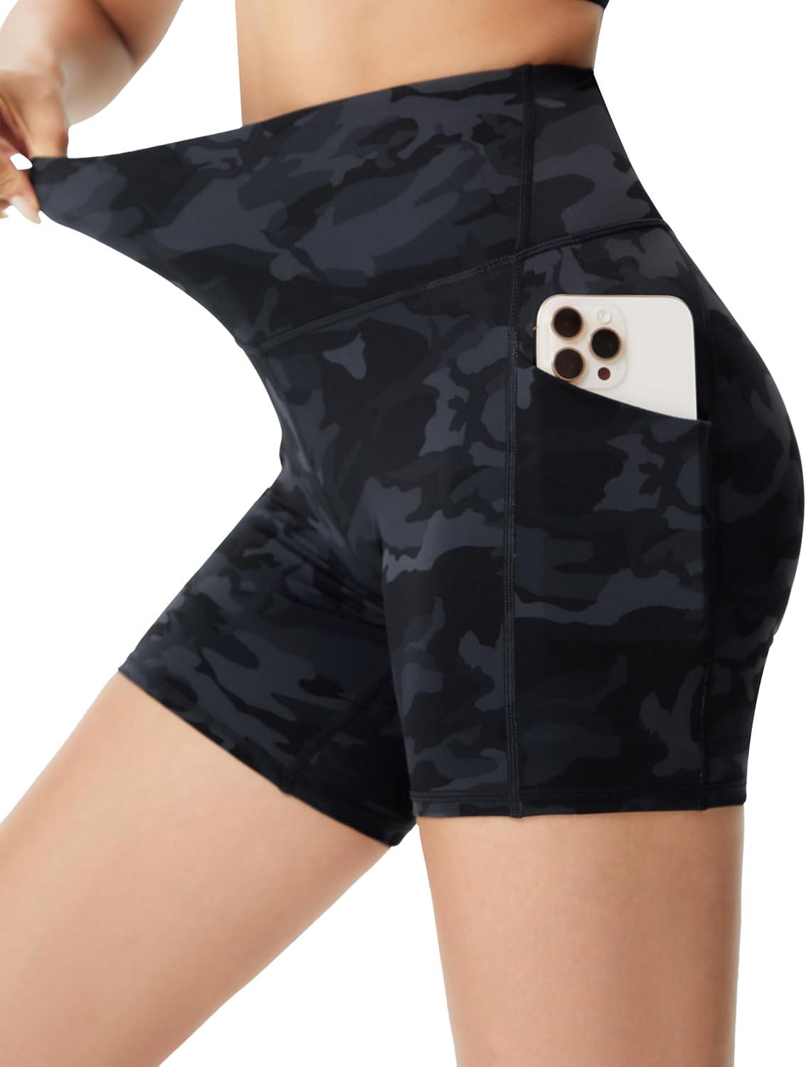 imageTHE GYM PEOPLE Womens High Waist Yoga Shorts 5quot Stretchy Tummy Control Biker Workout Running Short with Side PocketsBlack Camo