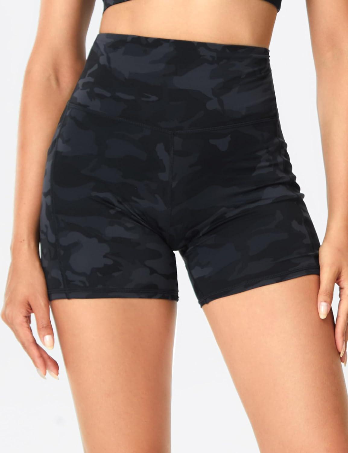 imageTHE GYM PEOPLE Womens High Waist Yoga Shorts 5quot Stretchy Tummy Control Biker Workout Running Short with Side PocketsBlack Camo