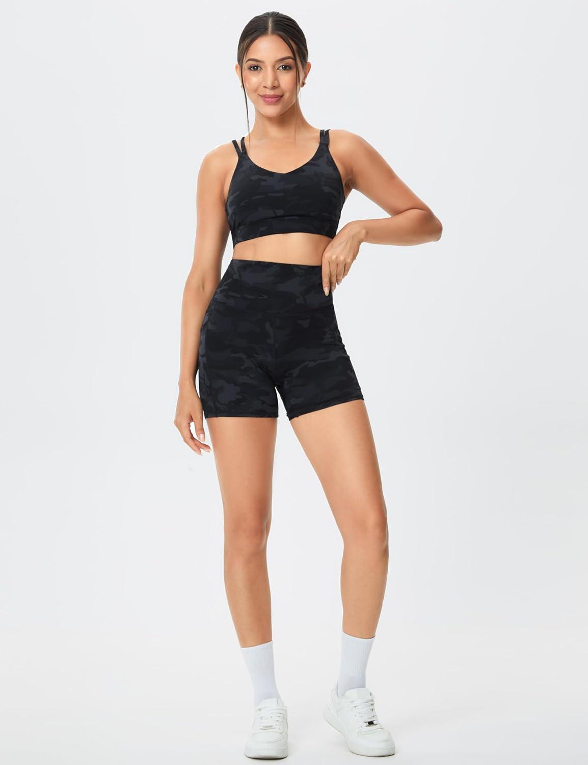 imageTHE GYM PEOPLE Womens High Waist Yoga Shorts 5quot Stretchy Tummy Control Biker Workout Running Short with Side PocketsBlack Camo
