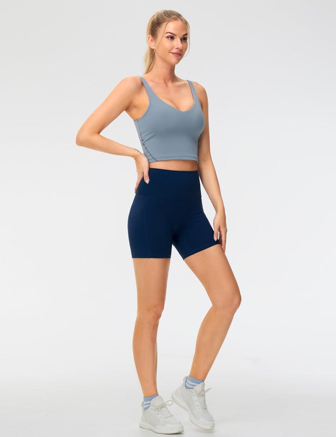 imageTHE GYM PEOPLE Womens High Waist Yoga Shorts 5quot Stretchy Tummy Control Biker Workout Running Short with Side PocketsBlue
