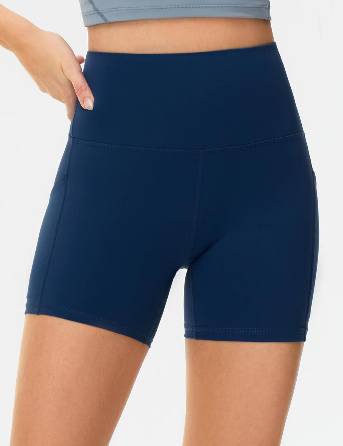 imageTHE GYM PEOPLE Womens High Waist Yoga Shorts 5quot Stretchy Tummy Control Biker Workout Running Short with Side PocketsBlue