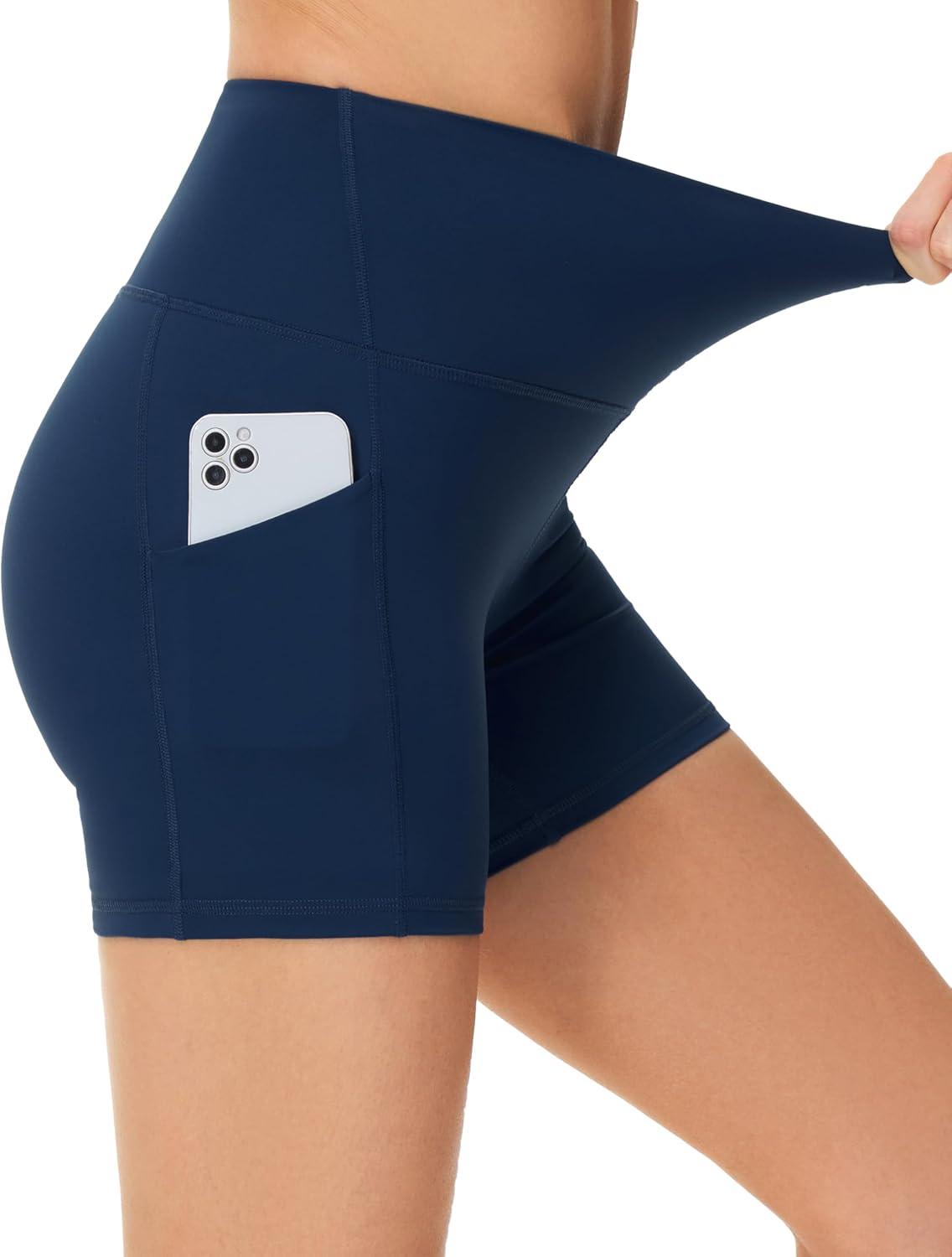 imageTHE GYM PEOPLE Womens High Waist Yoga Shorts 5quot Stretchy Tummy Control Biker Workout Running Short with Side PocketsBlue