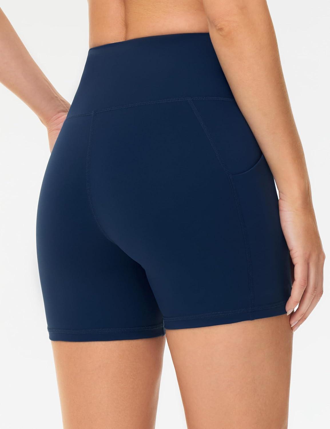 imageTHE GYM PEOPLE Womens High Waist Yoga Shorts 5quot Stretchy Tummy Control Biker Workout Running Short with Side PocketsBlue