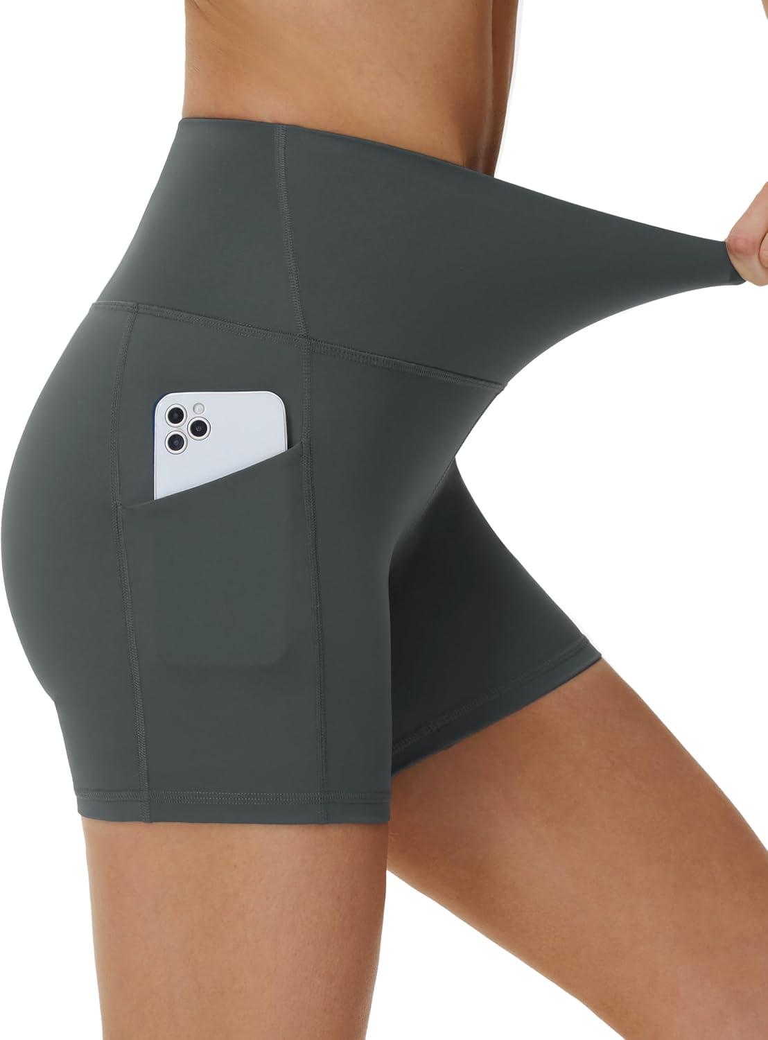 imageTHE GYM PEOPLE Womens High Waist Yoga Shorts 5quot Stretchy Tummy Control Biker Workout Running Short with Side PocketsDark Grey