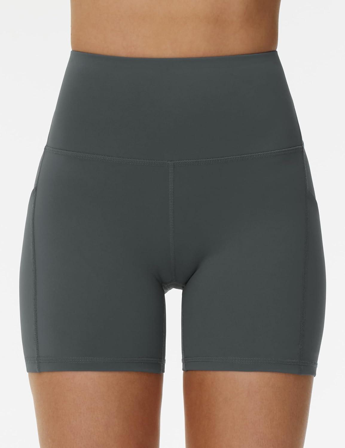 imageTHE GYM PEOPLE Womens High Waist Yoga Shorts 5quot Stretchy Tummy Control Biker Workout Running Short with Side PocketsDark Grey