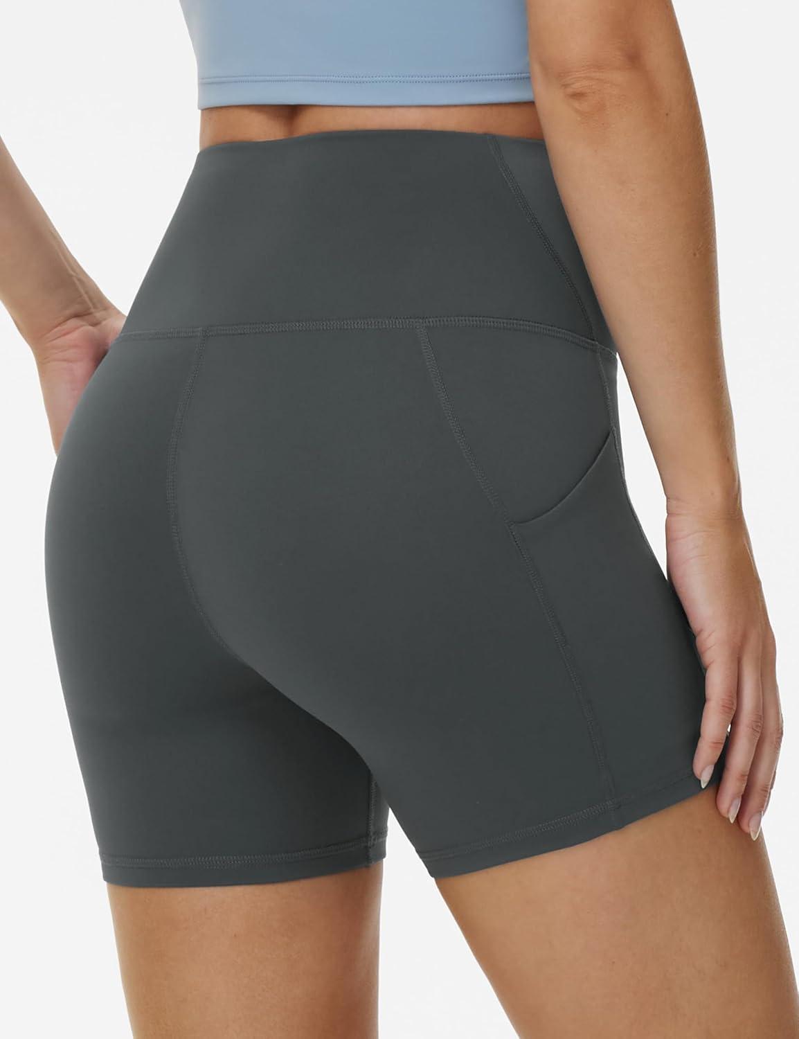 imageTHE GYM PEOPLE Womens High Waist Yoga Shorts 5quot Stretchy Tummy Control Biker Workout Running Short with Side PocketsDark Grey