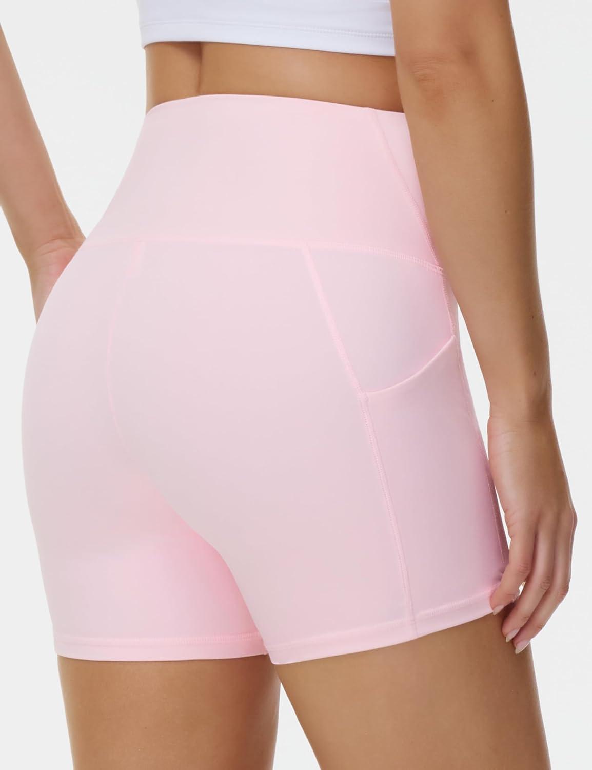 imageTHE GYM PEOPLE Womens High Waist Yoga Shorts 5quot Stretchy Tummy Control Biker Workout Running Short with Side PocketsLight Pink