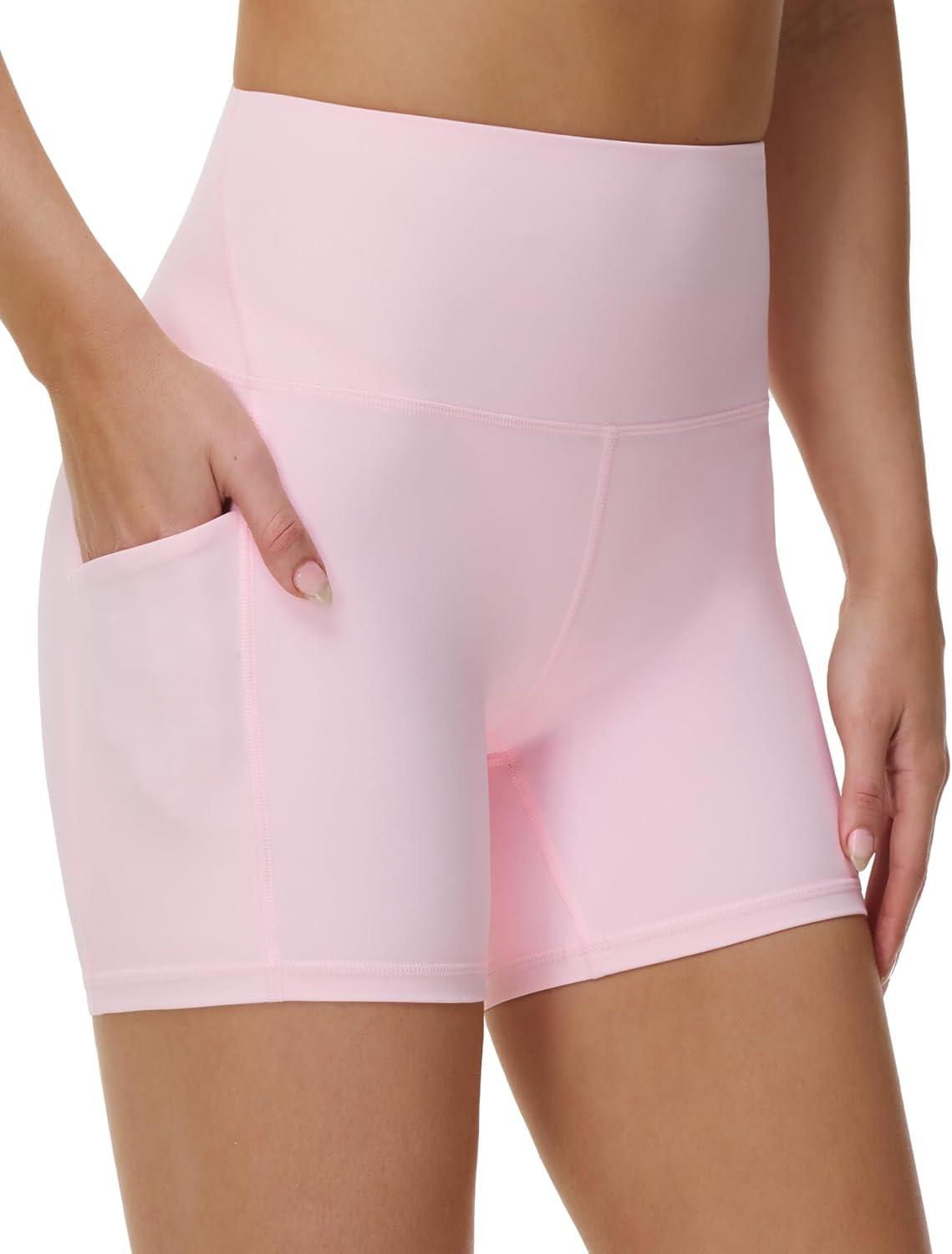 imageTHE GYM PEOPLE Womens High Waist Yoga Shorts 5quot Stretchy Tummy Control Biker Workout Running Short with Side PocketsLight Pink
