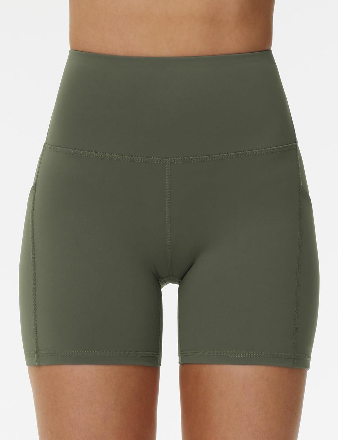 imageTHE GYM PEOPLE Womens High Waist Yoga Shorts 5quot Stretchy Tummy Control Biker Workout Running Short with Side PocketsOlive Green