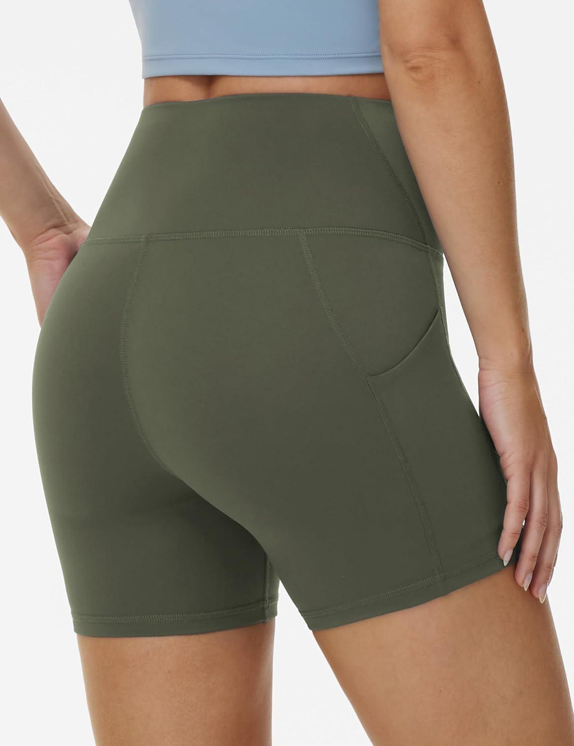 imageTHE GYM PEOPLE Womens High Waist Yoga Shorts 5quot Stretchy Tummy Control Biker Workout Running Short with Side PocketsOlive Green