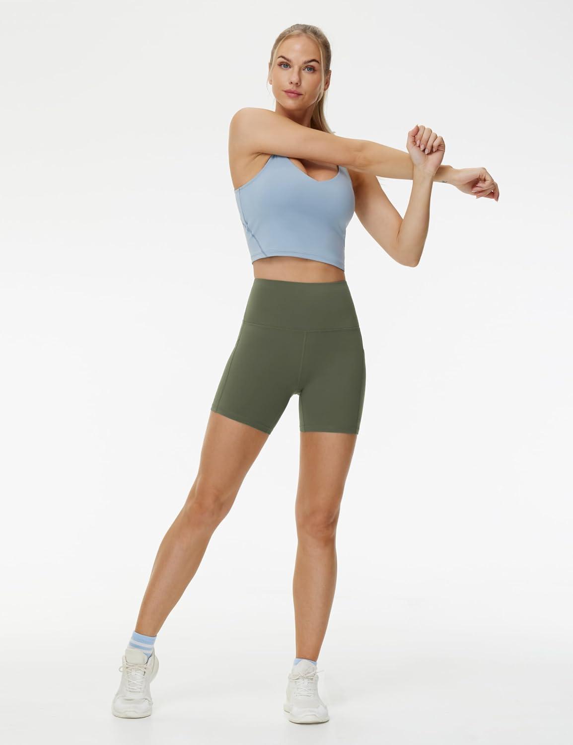 imageTHE GYM PEOPLE Womens High Waist Yoga Shorts 5quot Stretchy Tummy Control Biker Workout Running Short with Side PocketsOlive Green